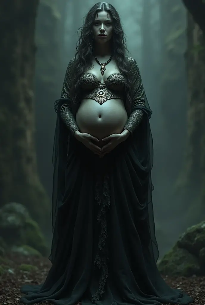 a beautiful dark river wizard in an African setting with white hair, blue eyes, golden skin and black lips, big belly, slim legs and looks like a spirit, and fat with a long transparent black gown