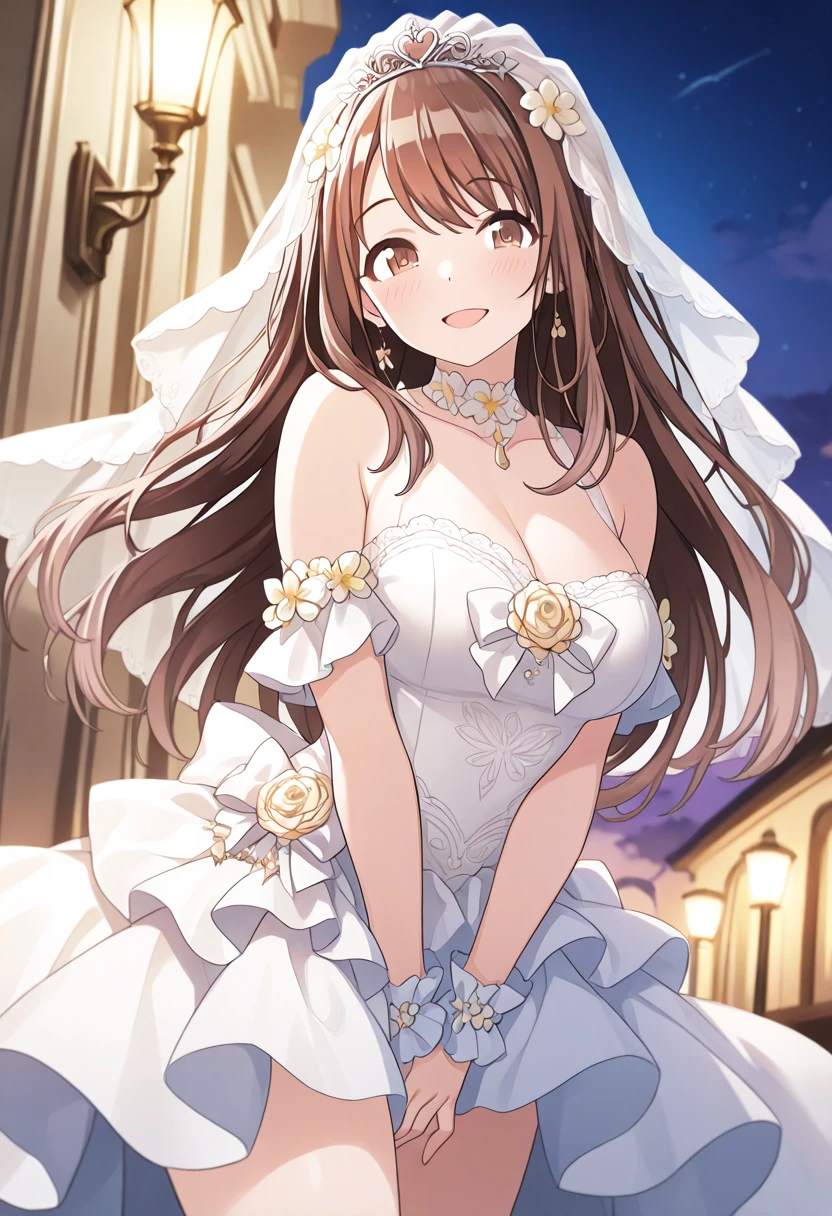 high quality,masterpiece。Cute brown-haired transvestite boy,boy dressed as a woman,his hair is short brown。He stands upright with his face and body facing the viewer.,true identity。his hands are empty,Do not pose your hands。he looks 。his chest is slightly swollen,Good style。he is smiling with a cute face,Both eye colors are brown。The outfit was a pure white wedding dress.,A fancy dress with a veil, ribbons, and lots of frills.,Skirt is a mini skirt,Long white gloves on both hands,Long white socks on both legs。he stands,The place to stand is indoors。