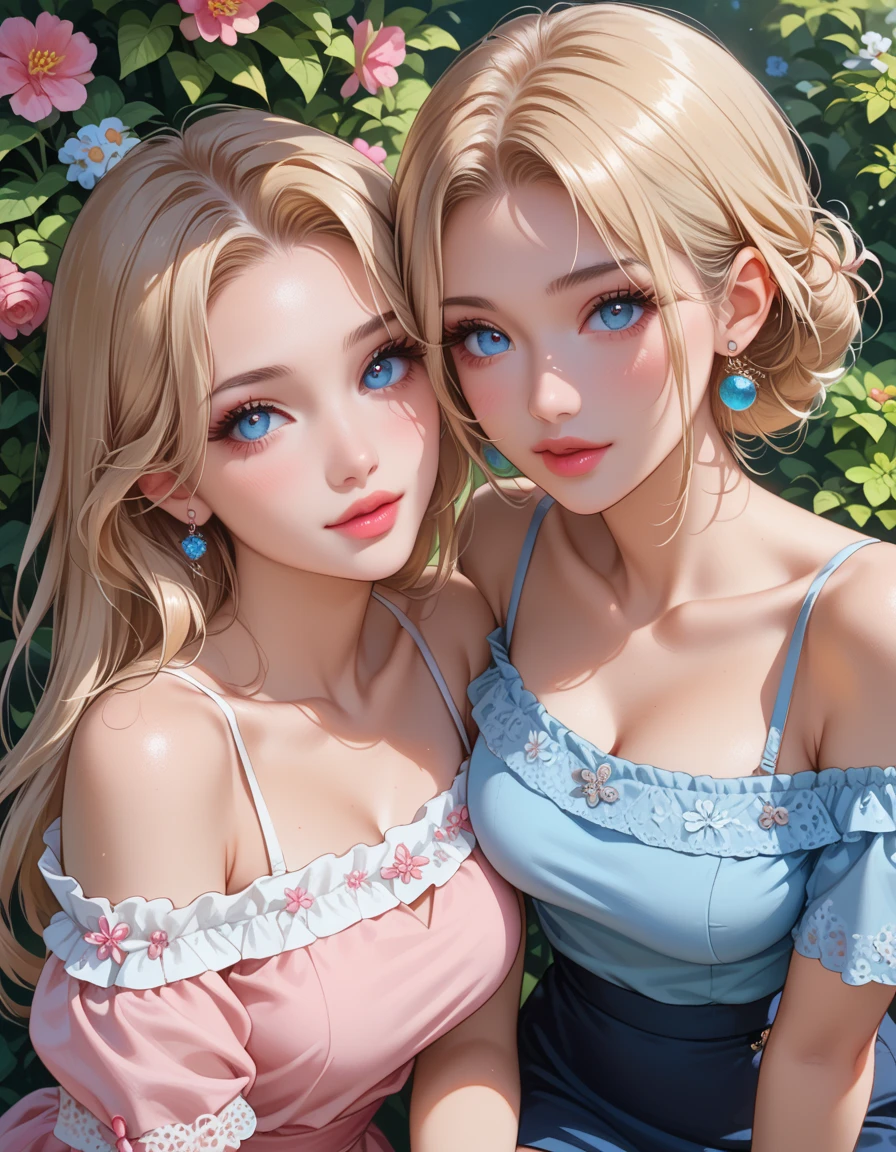 (masterpiece, best quality:1.4), (8K), Young blonde beauty, (((2 girls in love, 18 years old, neat girl))), detailed blue eyes, long eyelashes, blush, kind smile, horny, upper body, topless, small ass, slender thin legs, vagina, (looking at viewer), beautiful blonde hair, white-skinned, straight bangs, pigtails, squeezing, on top of each other, (medium size breasts), (mushroom forest, celestial forest, beautiful and magnificent pink sunshine, majestic sky), natural light, pastel colors)