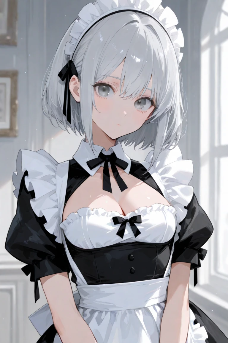 ((masterpiece)), ((best quality)), (ultra detailed:1.2), illustration, anime style, painting, Pose like an erotic nsfw doujinshi character,, //, a cute girl, 1girl, (solo), //, Cat-eared maid costume. White and black frilled maid dress, cat ears, white apron, cat tail, black stockings, black Mary Jane shoes, //, Bun hair style, beautiful Emerald Silver hair, ((beautiful eyes)), white-skinned, large breasts, Voluptuous body, //, (ahegao:1.3), laughing, full body, gradation, //, (White-based floral-patterned background:1.2),//, shiny-glistening, ultra shiny body, gleaming