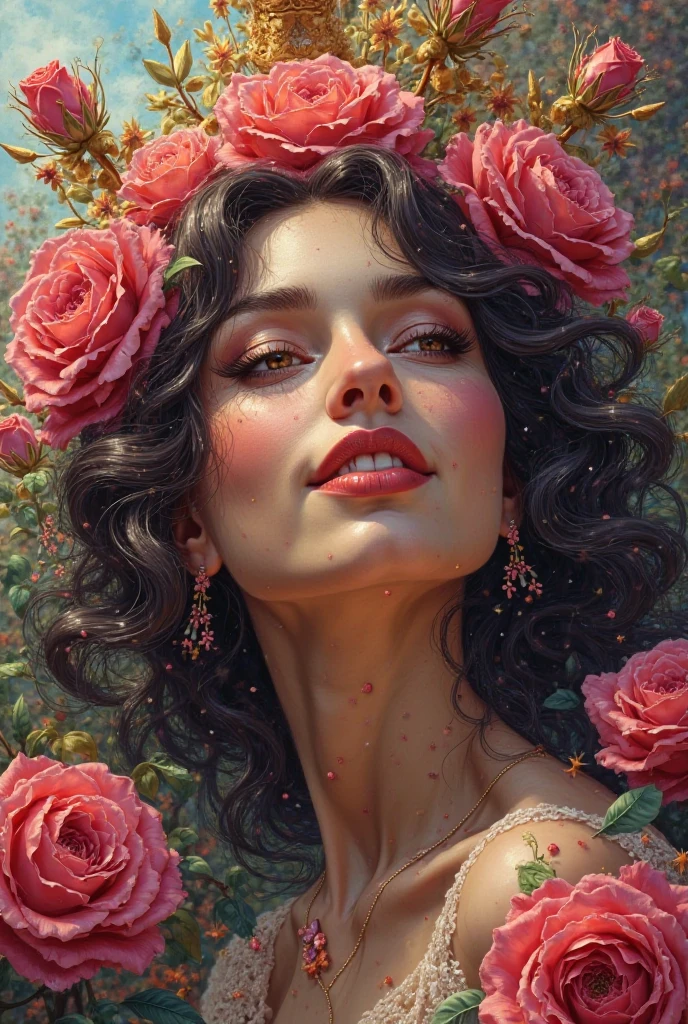 
A girl with curly hair and green eyes lies on the grass in spring, upset, lies with her eyes closed. She is 26 cherry blossoms fall on her lying sideways in a sexy red dress and red lipstick
