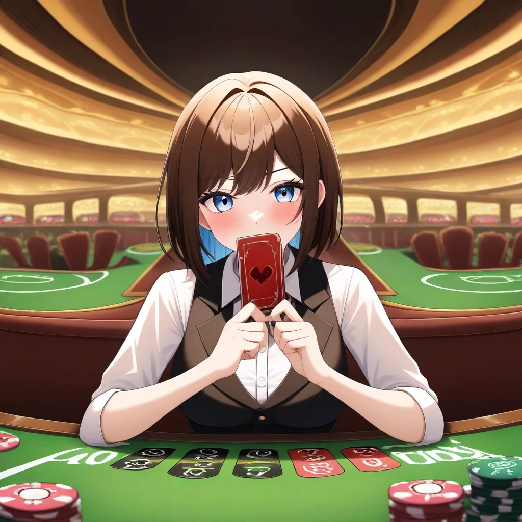 Yumeko Jabami from Kakegurui as a casino dealer. She stands behind a roulette table, wearing a provocative black and red dealer uniform. Her eyes gleam with a manic intensity, and she sports a devious smirk. The casino backdrop is dimly lit with flickering neon lights, creating an eerie atmosphere. Chips and cards are scattered on the table. Yumeko's posture and expression suggest she's manipulating the game, luring players into her trap.