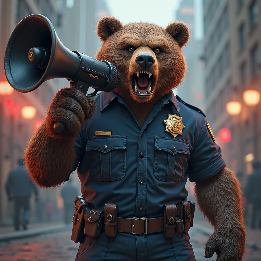 Create a 3d model of an angry police bear with an intercom he's screaming