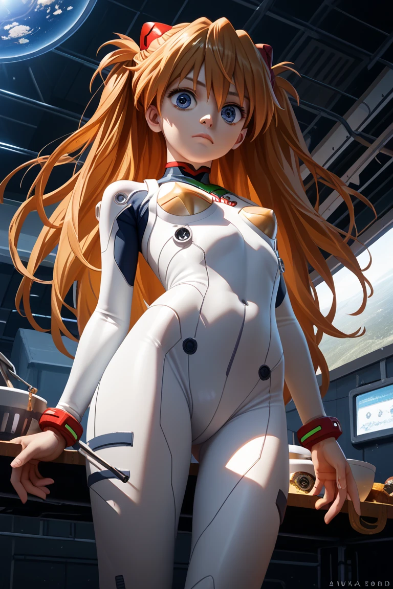 (masterpiece), (best quality), (photorealistic:1.3), (Overhead view),dynamic angle,ultra-detailed, illustration, close-up, straight on, 1girl, ((souryuu asuka langley, interface headset, red bodysuit:1.4, blonde)),Her eyes shone like dreamy stars,(glowing eyes:1.1),(beautiful and detailed eyes:1.1),(expressionless,closed mouth),(standing), (mechanic room with tools, machine guns, and spaceship window, an epic space view outside the window,  in a white SPACESHIP), (night:1.2),dreamy, [[delicate fingers and hands:0.55]::0.85],(detail fingers),