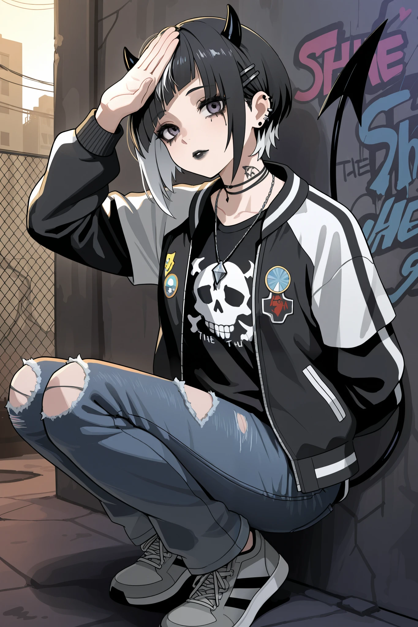 the thin and tired girl belongs to emo/Gothic subculture. He has obsidian black hair with highlighted white locks , has a wolf haircut and long bangs that hide half of his face. She has a lot of metal hair clips, Pasador, hair clips on her bangs. her eyes are purple. She has black gothic makeup: black lipstick,black eyeliner and fuzzy mascara, black eye shadow. She has a lot of piercings and tattoos. On her neck she wears a necklace with spikes. He is dressed in a torn gray t-shirt with a skull or Metallica band print, a bomber sports jacket with a set of safety pins and badges, loose jeans with torn holes in the knees, and gray sneakers. Her palms are bandaged. on her forehead two obsidian devil's horns,behind her back a diabolic pointed tail. he is wandering through an alley where the walls are covered with graffiti and the passage is twisted by a metal mesh fence. in the background there is an abandoned and misty city.