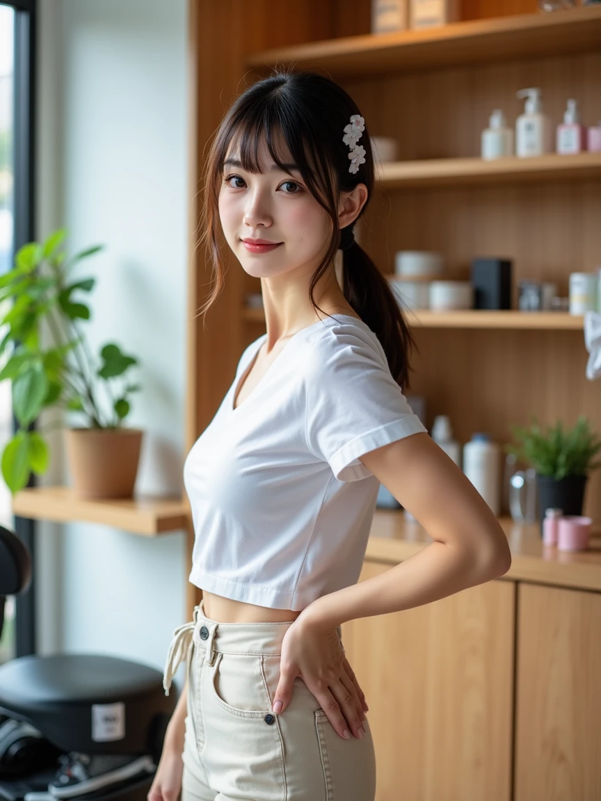 ((highest quality、８K、master piece：１．３))、One female、Emphasize slender abdominal muscles、A super beautiful girl who looks like Mio Imada、curly hair、light pigmented type、Big eyes and brown eyes、long eyelashes、He is wearing a long white T-shirt that exposes his navel、Wearing long skinny jeans、long slender legs、sitting in a cafe and drinking coffee、being photographed by a friend、Showing teeth with a crooked smile