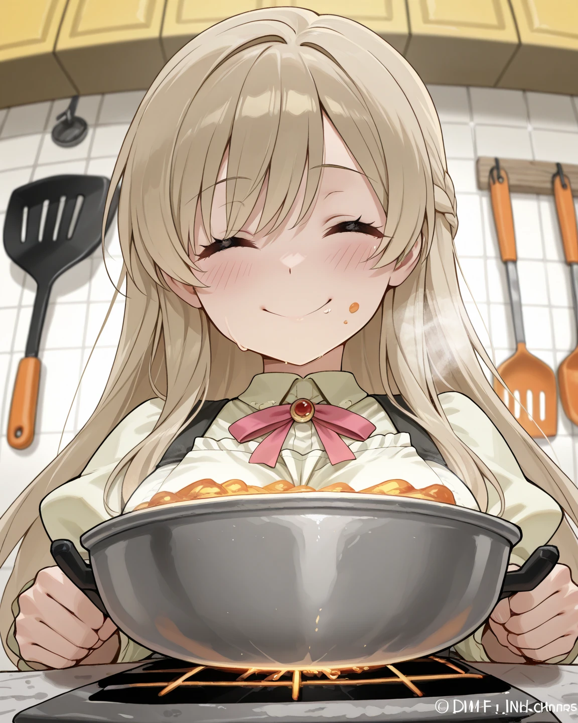 masterpiece,best quality, ultra-detailed,1girl(sakurai momoka, lovely small breasts, naked body, wavy hair, long hair, blonde hair, headband, pink flower in hair,green eyes, half-closed eyes), a come-hither face, smirk, parted lips, nose blush, blush, , head tilt, solo, apron, naked apron, in the kitchen, night time, cook, cooking,