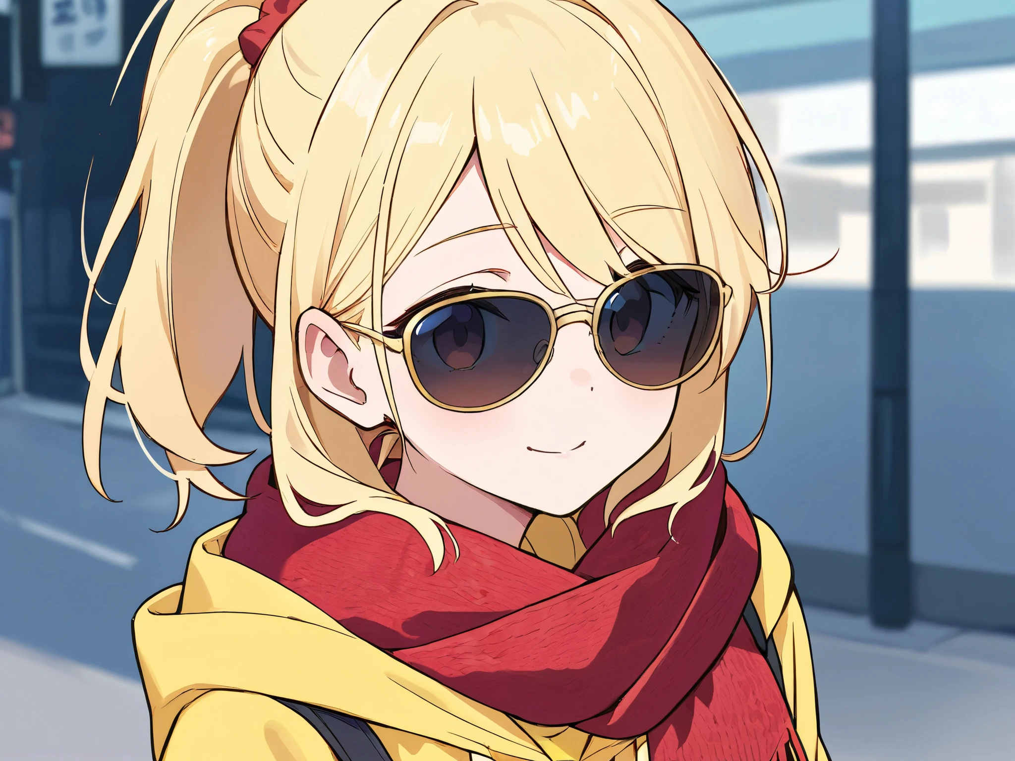 Blond girl with ponytail。sunglasses。Wear a yellow hoodie、with a red scarf wrapped around my neck。 the weather will be fine。