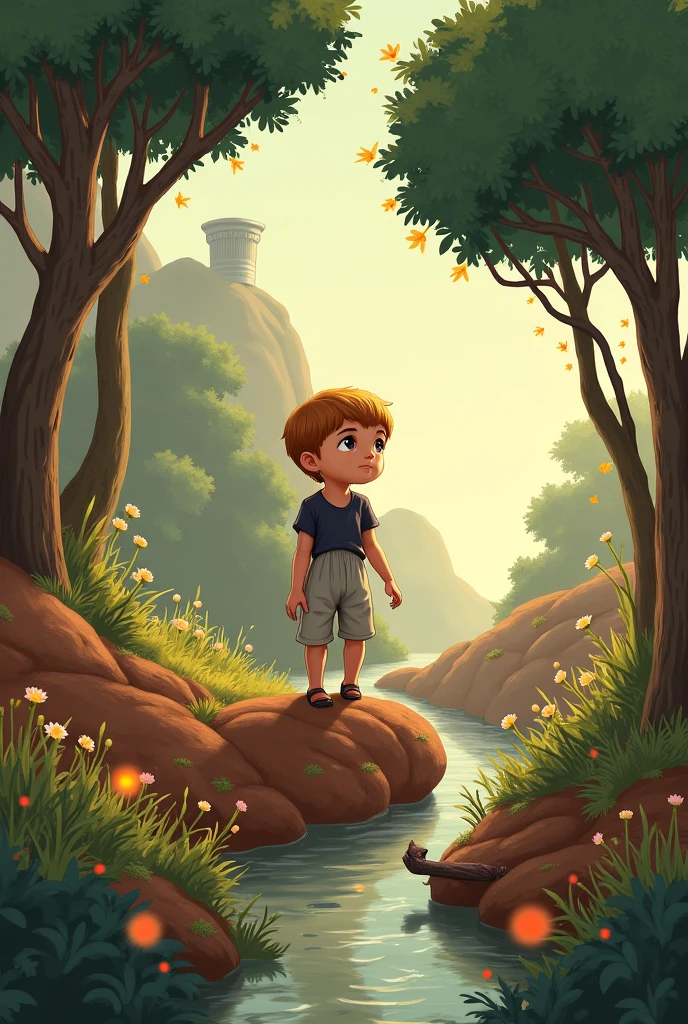 boy with a light blue shirt and shorts and boots hiding behind a bush looking at a cave in the forest