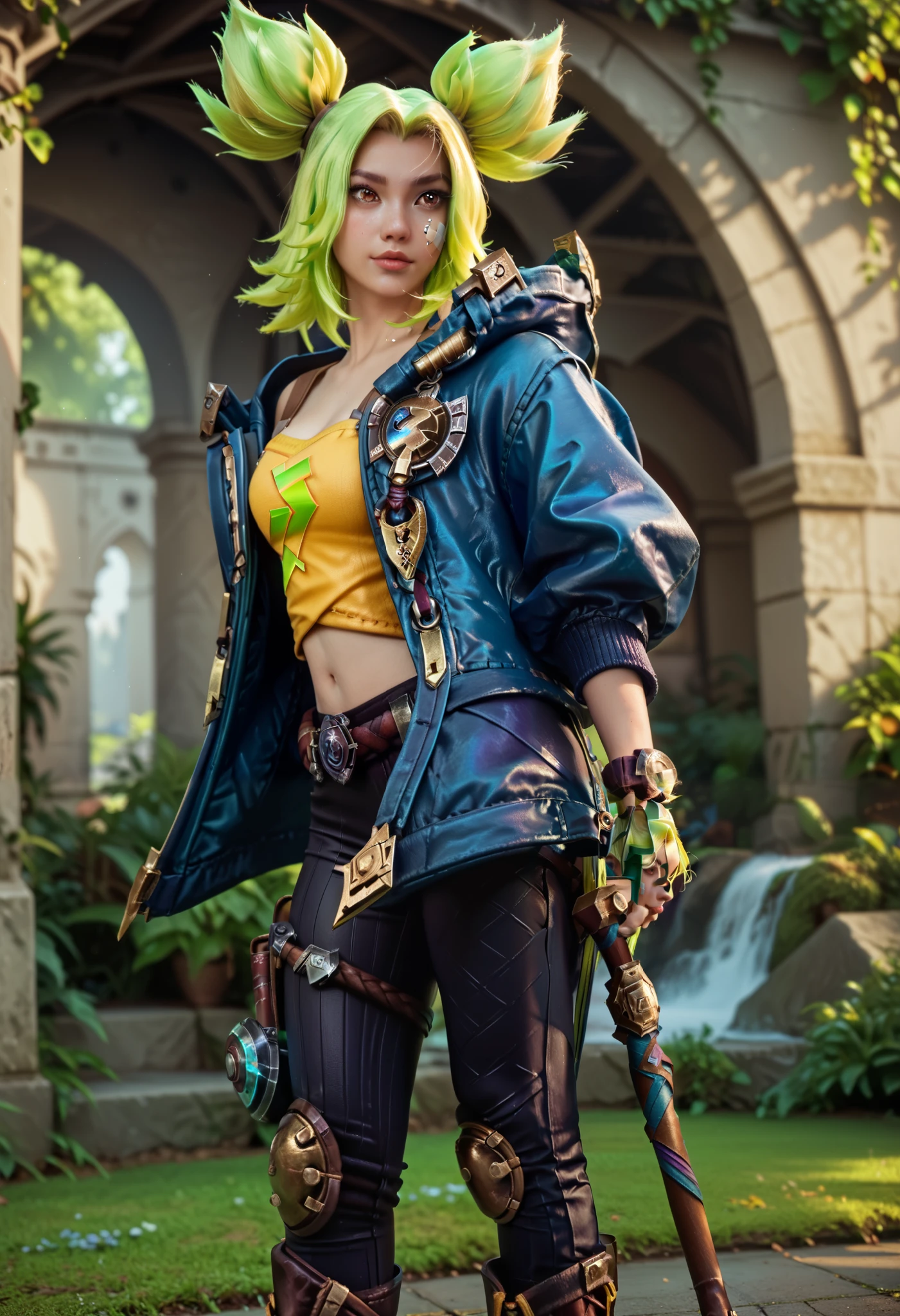 Zeri league of legends , ZeriLoLXL, brown eyes, green hair, twintails, sidelocks, freckles, bandaid on face, medium breasts, blue jacket, open jacket, yellow midriff, gloves, fingerless gloves, black pants, belt, knee pads, boots, Full body. 8k ultra hd, photorealistic, high detailed, en iyi görüntü, başyapıt.