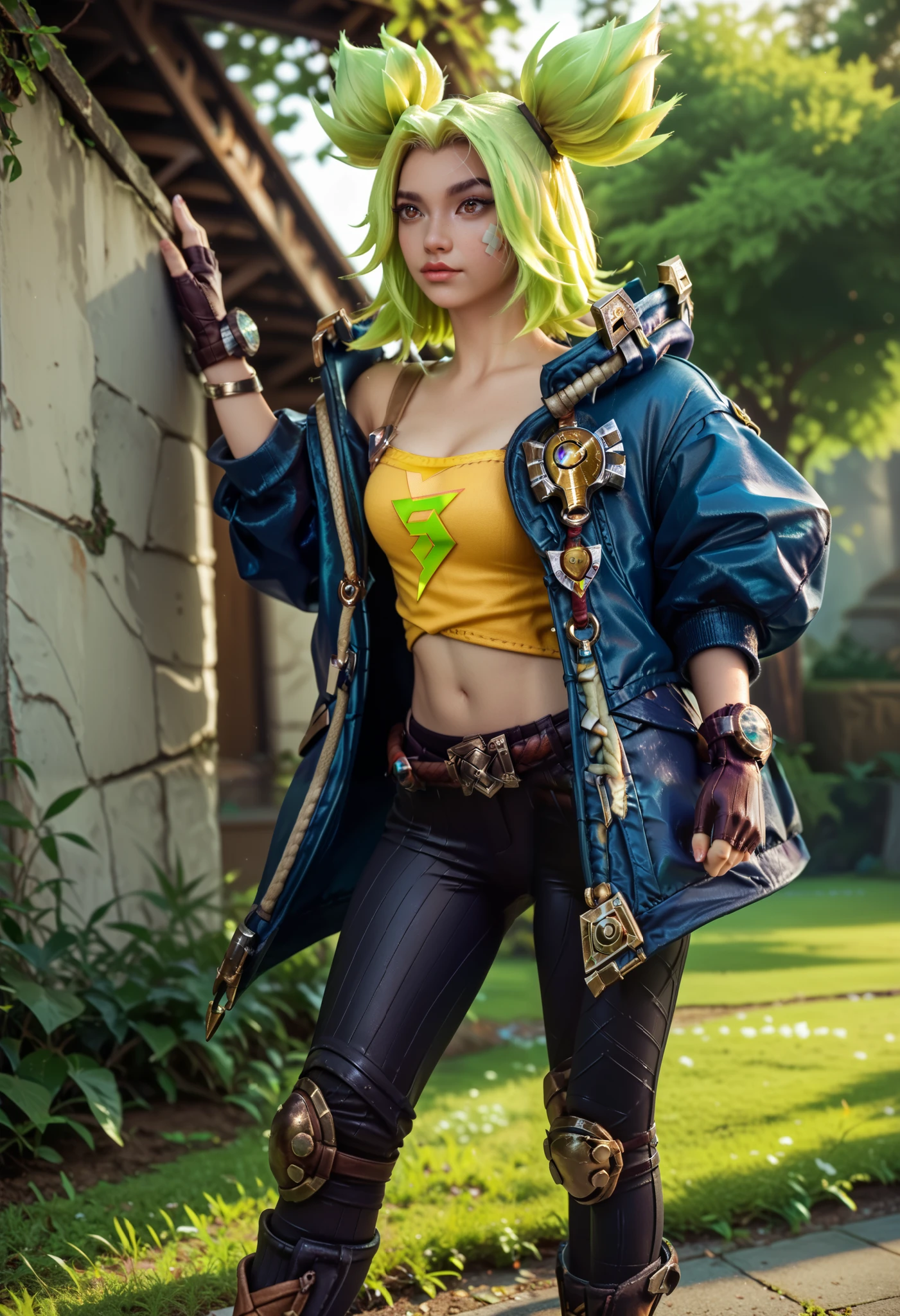 Zeri league of legends , ZeriLoLXL, brown eyes, green hair, twintails, sidelocks, freckles, bandaid on face, medium breasts, blue jacket, open jacket, yellow midriff, gloves, fingerless gloves, black pants, belt, knee pads, boots, Full body. 8k ultra hd, photorealistic, high detailed, en iyi görüntü, başyapıt.