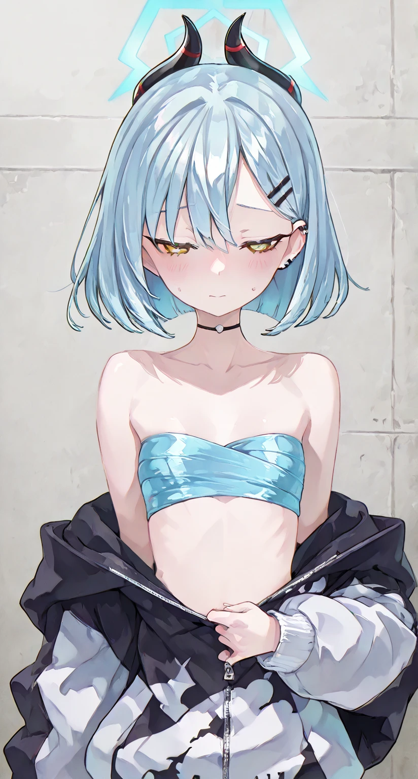 (honjou raita, mahou shoujo /(raita/)), 1girl, solo, 10yo, official art, blue hair, hair over one eye, small breast, shiny skin, groin, bikini, open shirt, side tie, necklace, bracelet, standing, side view, sideways glance, half closed eyes, contrapposto, crossed arms, shy, nervous sweating, closed mouth, mesugaki, blush, vulgarity, white background, simple background, peace sign, netorare, nsfw