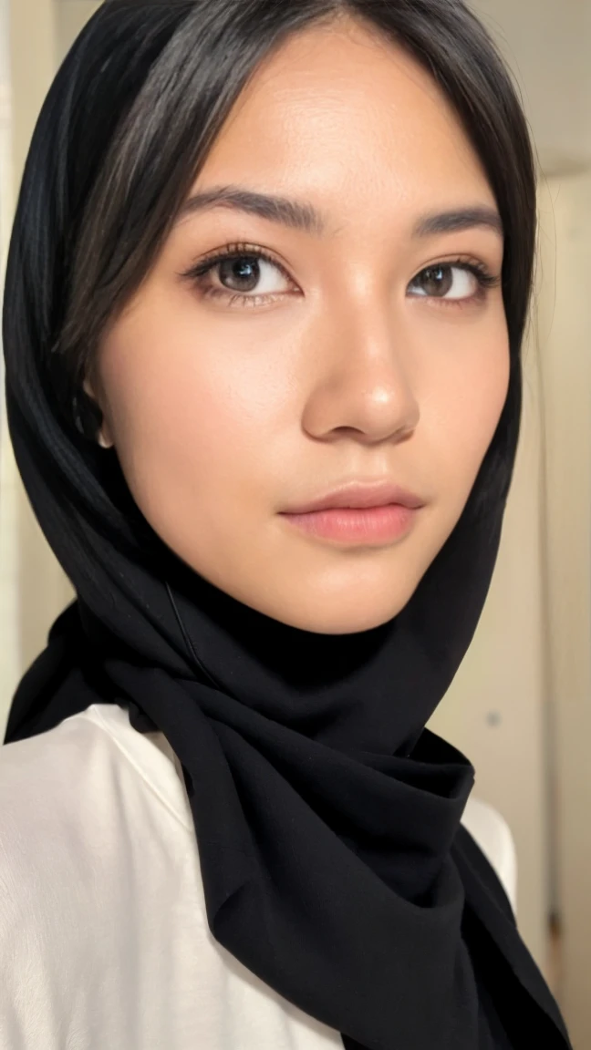 Photo portrait of a beautiful Bandung girl wearing a hijab and dimples, around , (plain black hijab), (portrait medium shot:1.3), dramatic light, Rembrandt lighting scheme, (hyperrealism:1.2), (8K UHD: 1.2), ( photorealistic:1.2), shot with Canon EOS 5D Mark IV, facial detail, skin texture detail, smooth, flawless skin, glowing complexion, silky touch, even texture, blemish-free, radiant appearance, youthful look, soft and supple skin, poreless, perfect skin tone, porcelain-like complexion, velvety smoothness, dewy and fresh skin, natural beauty, healthy and vibrant skin, standing in street