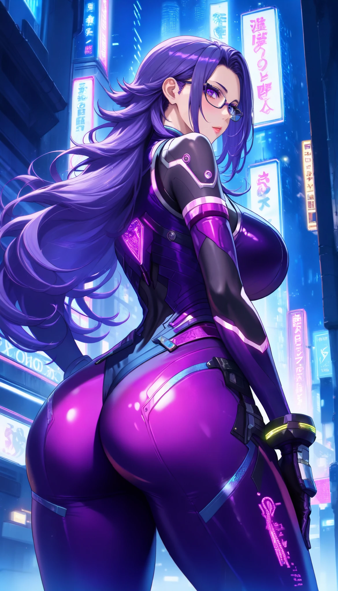 Cyberpunk city background, A woman with a perfect body,purple eys, Nice butt,Wearing a (Sleeveless) Purple leather bodysuit biological armor, There is this white fluorescent pattern on the tights, She is standing in a narrow alley,Spread legs, (Hands wearing Purple metal gloves),(Purple long Hair,mullet),(Wearing glasses),big butt, big oppai,at night, Dim neon lights, UHD, masterpiece, anatomically correct, textured skin, super detail, best quality, highres, 16k, 1080P,From back,Look back