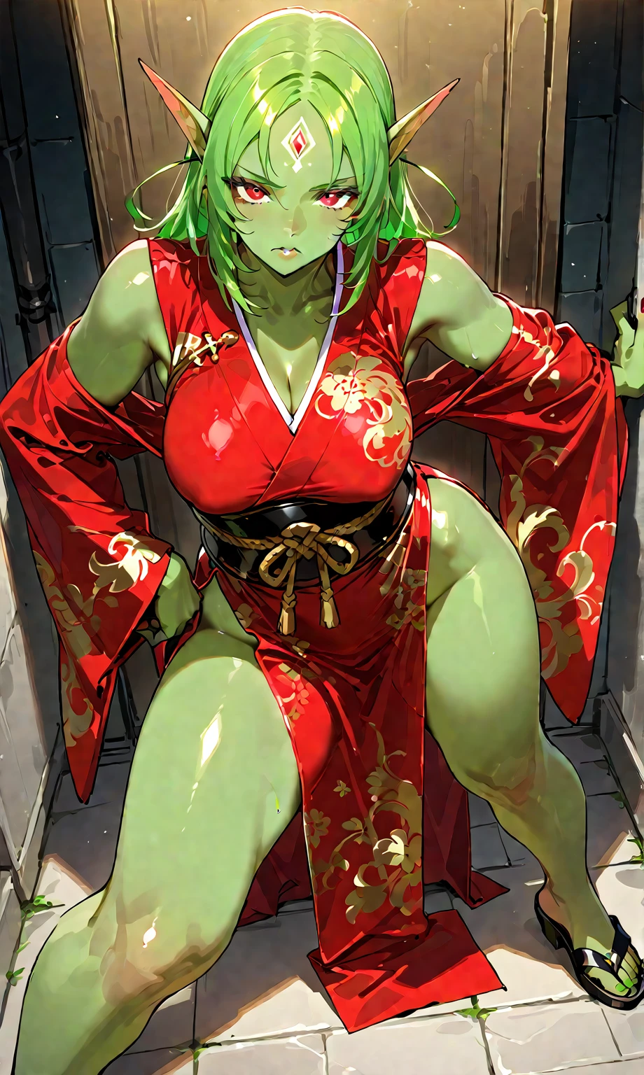 superflat, flat colors, 1girl, 19yo, slim, (medium breast), short bob dark hair, (ornate green leaves kimono), topless, nipple, standing, shy, autumn leaves, yellow, golden, autumn forest, vibrant colors, psychedelic, vibrant, bright, watercolor