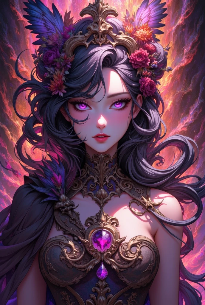in a psychedelic and chiness style a representation of the Day of the Dead on a beautifull female face ,magnificent and detailed. Lots of texture and an whirlwind explosion of dark powder in the background, upscale 8k