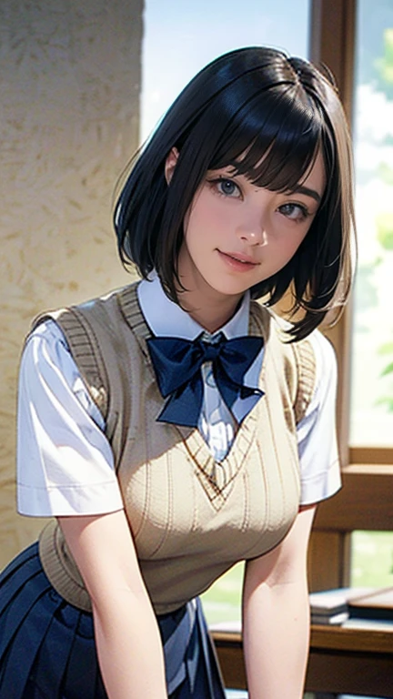 (masterpiece:1.2, Highest quality), (Realistic, Photorealistic:1.4), Beautiful illustrations, (Natural Side Lighting, Cinema Lighting), Written boundary depth, Looking at the audience, Front view, 1 person, English, high school girl, 20-year-old, Perfect Face, Symmetrical cute face, Glowing Skin, Spread your legs, (ボブヘア:1.7, ブロンド), Asymmetrical bangs, Big eyes, Droopy eyes, long eyelashes chest), thin, Beautiful Hair, Beautiful Face, Beautiful and beautiful eyes, Beautiful clavicle, Beautiful body, Beautiful thighs, Beautiful legs, Beautiful fingers, ((High quality fabric, Brown knitted vest, Short sleeve white collar shirt, ネイビーのプリーツスカート, Navy bow tie)), (Beautiful views), evening, (Inside the flower shop), Are standing, (smile, wonderful, Open your mouth), (((スカートめくり, ズボンがない, Genitals are visible))), Full Body Shot, Dark blue socks, Sexy Face,