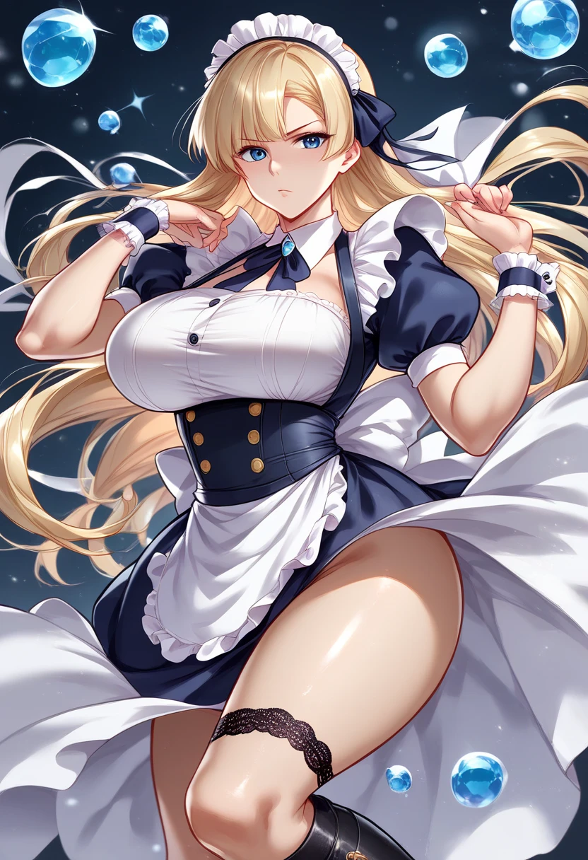 realistic, 1girl, blonde hair, high ponytail, blue eyes, glowing eyes, Maid uniform, white stockings, garter,  skirt, parted lips, blush, night, flowers,