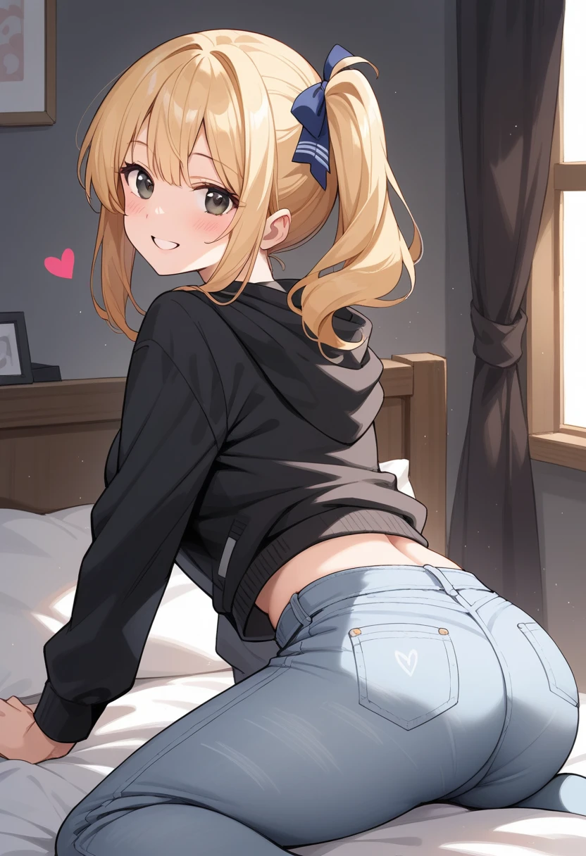 a girl showing her butt, love hearts near her she is smileing she in a bedroom
