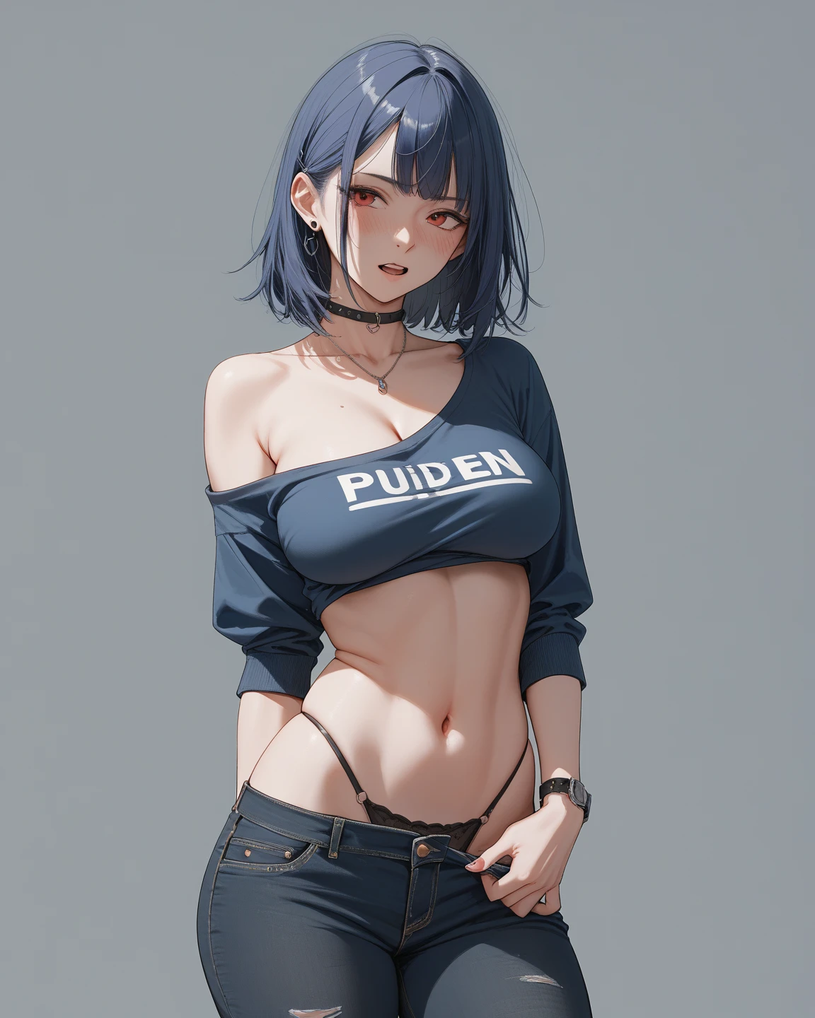 sangonomiyaKokomi|GenshinImpact, master piece, top-quality, 1girl in,25 years old, Peeing,fullnude, Oversized breasts, ,Yui, short pants jeans, Choker, (Graffiti:1.5), Splash with purple lightning pattern., arm behind back, Against Wall, Looking at the viewer from the front., Thigh strap, Head tilt, ,water eyes,