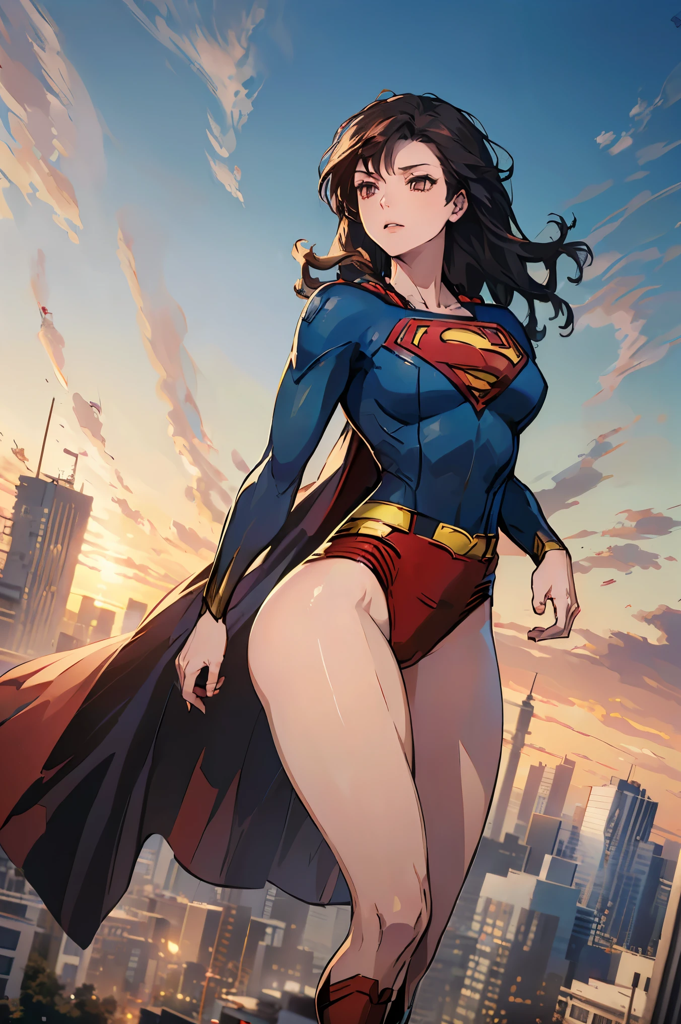 (((Best quality, 8k, Masterpiece: 1.3)), ((best quality)), ((masterpiece)), (detailed), perfect face, concept(superman), long hair, flying, sky, Megalopolis, Decided pose, mature lady, sexy, anime