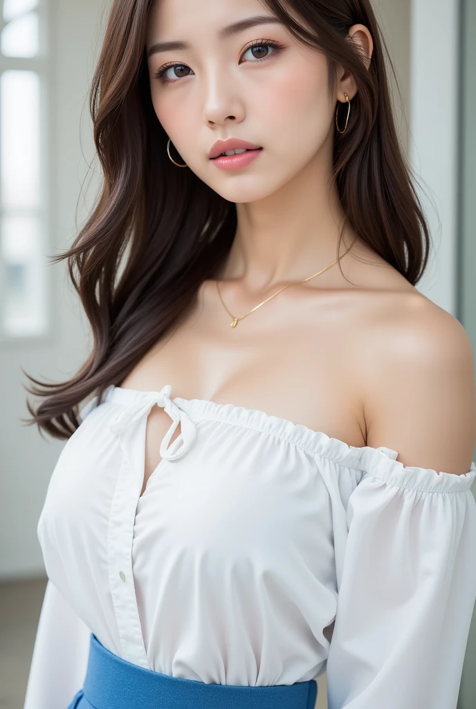 Canon RF85mmf/1.2,masterpiece,Highest quality,Ultra-high resolution,VC,1 Girl,(Korean mixed race,K-Pop Idols:1.2),alone,white_Shiny_skin,Iris,necklace,((brown_length_Wavy_hair)),((pink_Shiny_lips)),eyelash,前hair,make,compensate,Shiny,pore,skin texture,bracelet,Off the shoulder,See-through,Big Breasts