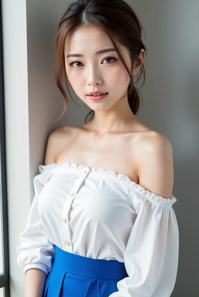masterpiece, best picture quality, high quality, beautiful girl, Japanese, Japanese school girl, popular Korean makeup, detailed, swollen eyes, detailed eyes, detailed skin, beautiful skin, ultra high resolution, (reality: 1.4), very beautiful, slightly younger face, beautiful skin, slender, (ultra realistic), (illustration), (high resolution), (8K), (highly detailed), (best illustration), (beautifully detailed eyes), (super detailed), (wallpaper), (detailed face), looking at viewer, fine details, detailed face, pureerosfaceace_v1, smiling, looking straight ahead, looking straight ahead, angle from waist up, realistic photo, bright lighting, professional lighting, blonde, long hair, dark ruins, long stylish bangs, standing, full body frame, (small breast: 0.5)
