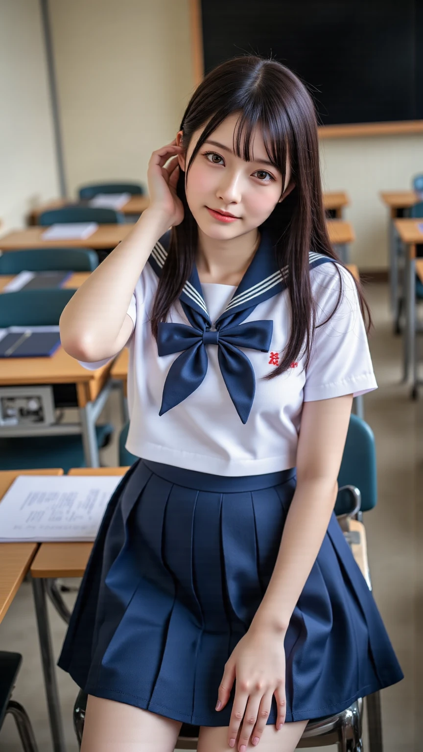 K, highest quality, real image, intricate details, Super detailed, ultra high resolution, depth field,(realistic,realistic:1.2), (small breasts:1.2), japanese girl, very beautiful 17 year old girl, (beautiful breasts:1.5, highly detailed eyes:1.2), (beautiful breasts:1.1), bangs, perfect skin, Fair skin, tight waist, looking at the viewer, black hair, hair behind the ear, shoulder hair, long hair, no makeup, knees together, in a high school classroom, During class, (high school sailor suit:1.2), (navy pleated skirt:1.2), sit in a chair