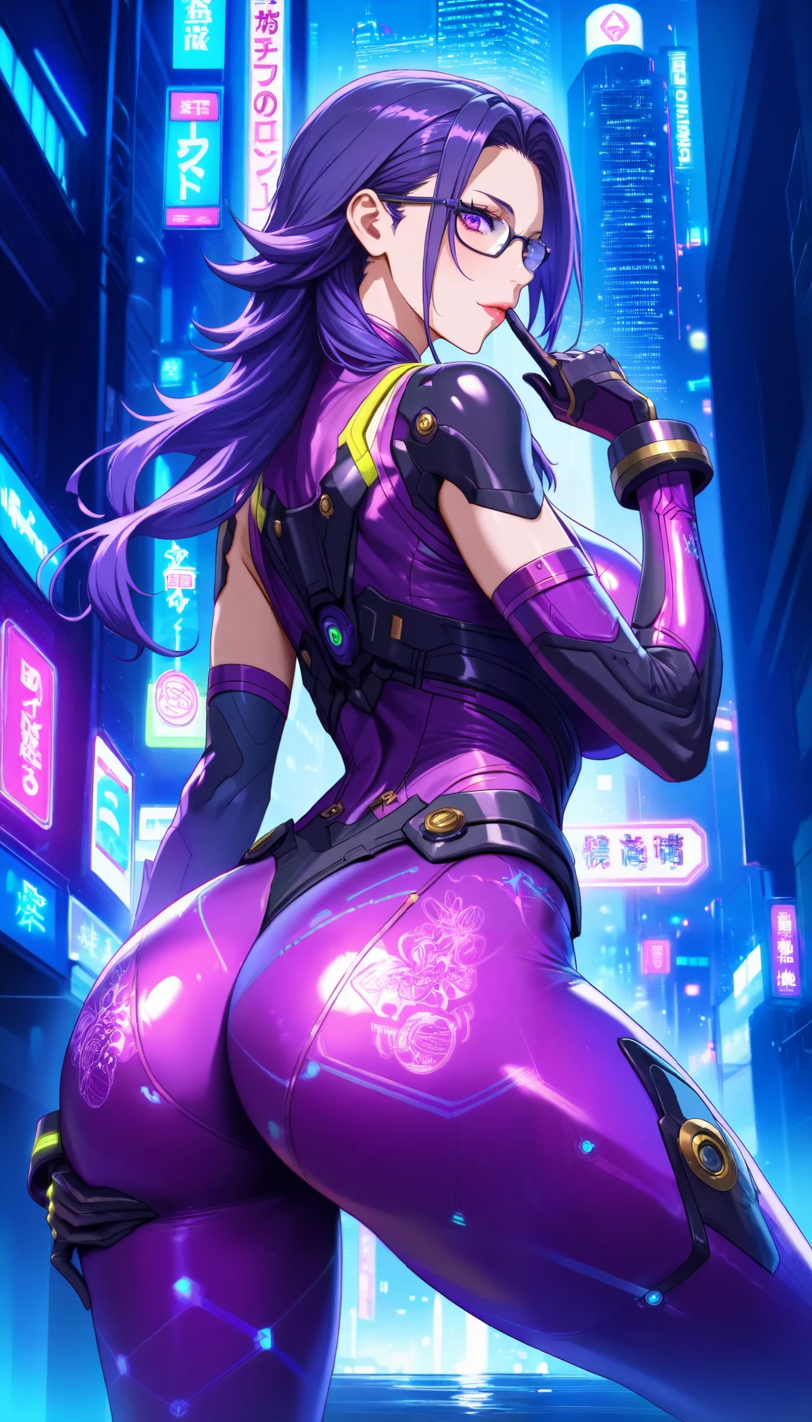 Cyberpunk city background, A woman with a perfect body,purple eys, Nice butt,Wearing a (Sleeveless) Purple leather bodysuit biological armor, There is this white fluorescent pattern on the tights, She is standing in a narrow alley,Spread legs, (Hands wearing Purple metal gloves),(Purple long Hair,mullet),(Wearing glasses)(Use finger to hold that glasses),big butt, big oppai,at night, Dim neon lights, UHD, masterpiece, anatomically correct, textured skin, super detail, best quality, highres, 16k, 1080P,From back,Look back