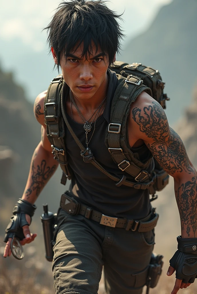 Create realistic images a Thai man stand to the side and turn their heads to look forward. On the back, he carries a camouflage backpack. Both hands gripped the hilt of the Katana sword. Clothes were stained and partially torn. Standing in the middle of a road full of overturned car wreckage. The background is an abandoned building. Thai style building and there is a large yellow Buddha statue.