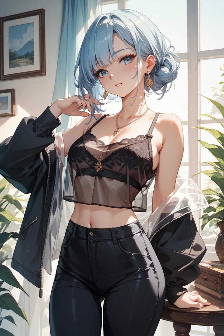 masterpiece,Ultra-high resolution、Highest quality、Sexy pose、Rose print underwear:1.5,Green Hair、short hair:1.2, Pink Eyes, smile、Tilt your head、Model walking、Small breasts、The body is slim、Narrow waist、spread legs apart,Cowboy Shot、Rose print underwear、Black no strap bra、Boys length with intricate lace:1.5、White silk garter belt、Underwear Focus