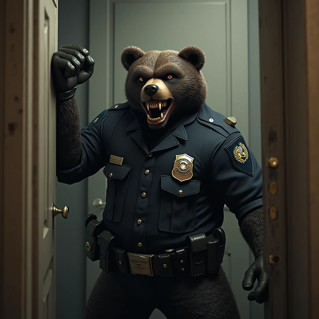 Create a 3d model of an angry bear cop next to the door with a clenched fist near the door about to knock on the door