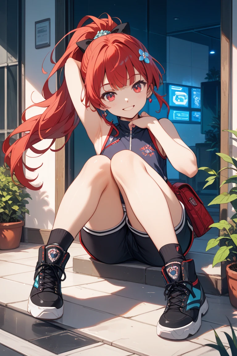 1girl, in container,red_hair,red_eyes,short_hair,White sports shoes, swimsuits,White coat, white stockings,