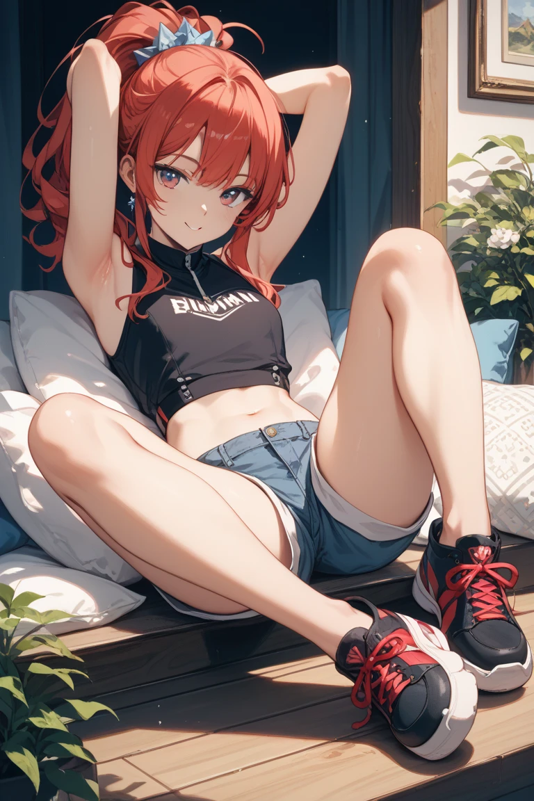 highest quality、Elementary school student bra、Beige shorts、Cool look、Stretching your legs in your room、Armpit sweat、Grass、Ecstasy Face,(Glamorous figure), (girl1name), (Highly detailed face, smile) ,, (日本のgirl), Slightly round face, (Tan brown face:1.6), cute, Big eyes、2D,highest quality,(masterpiece),(((The whole body is reflected))),(((Full Body))),extra long hair,((light orange hair)),(messy hair),healthy dark skin,((Black denim shorts)),Light pink wrestler tank top,Shiny bare legs,barefoot,Beautiful green eyes,Attractive thigheaty ass,Sloppy body shape,Bedroom,Get drunk,Upward glance,cheeks are bright red,あざでcute,Sexy as hell,Erotic look,Large drops of sweat all over the body,Steamy,sleep with your legs stretched out、My Room、(Lie flat on the bed.),Side view angle,An angle that emphasizes the buttocks