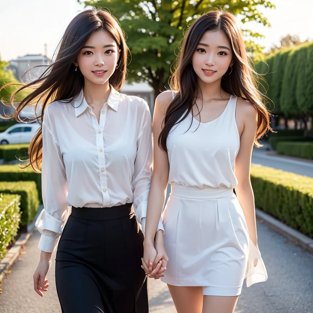 2 Fashion trendy beautiful and charming women, duo,gentle and charming Chinese beautiful woman, delicate and sexy collarbone, charming oval face, double eyelids, vivid peach blossom eyes, pink lips, small nose, bare shoulders, focus on the face, close-up of the face, Ultra-high-definition, super-detailed, full-body shots, ultra-thin and light-transmitting, the white shirt made of chiffon is light and elegant, and it is casual and easy to wear. With a light yellow pleated skirt, the whole person looks very gentle. The white shirt is half-tucked into the skirt, which improves the waistline and looks taller and thinner. A pair of woven slippers on the feet adds a holiday style; while the big woven handbag gives people a sense of romance and looks lazy.