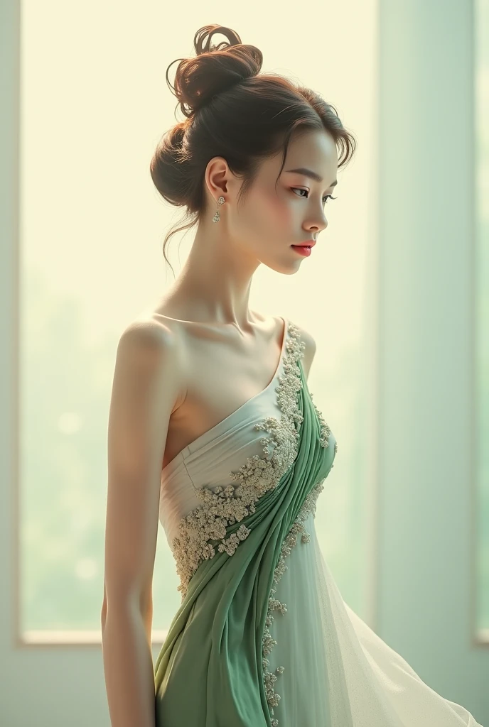 top-quality、​masterpiece、超A high resolution、(Photorealsitic:1.5)、Raw foto、1girl in、murky、deep-shadows、Unobtrusive、cold light、sexy appearance、shorth hair、((very_short_hair))、((Luxury evening dresses))、((Luxurious painting))、((Luxurious necklace))、((Floral hair ornament))、((hair ornament))