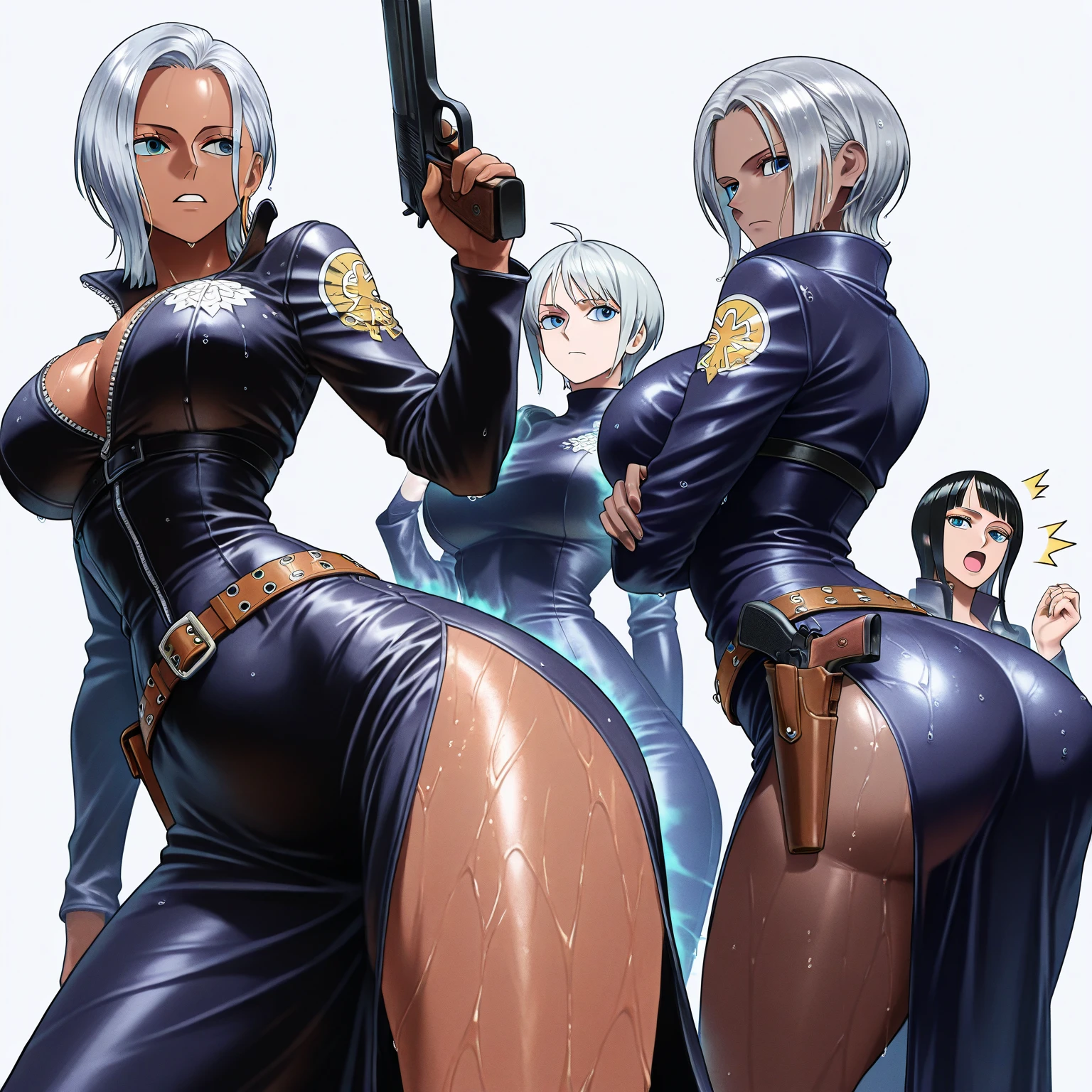 (Anime style), ((Mature woman)), Female Policeman, Black Belt, Openware, Leather Jacket, Long Dark Brown Light Wavy Hair, Police Badge, ???????? Chest, Big Rifle, Gun, Cobblestone Jail with Background, Thigh Height, Black Leather Boots, Provocative Poosing, High Leg, High Leg Thong, Night, ????? Tits, Clothes Dressed, Boobs, Side Boobs, Cleavage, Police uniform, baseball cap, headset, under, ((low leg laces)), (((skindentation)), panties pulled down, exposed, (shiny on), shiny all over body, shiny all over body, buttocks focused, (standing, legs spread, bent), hip shot, (back view), (back view), wide hips,