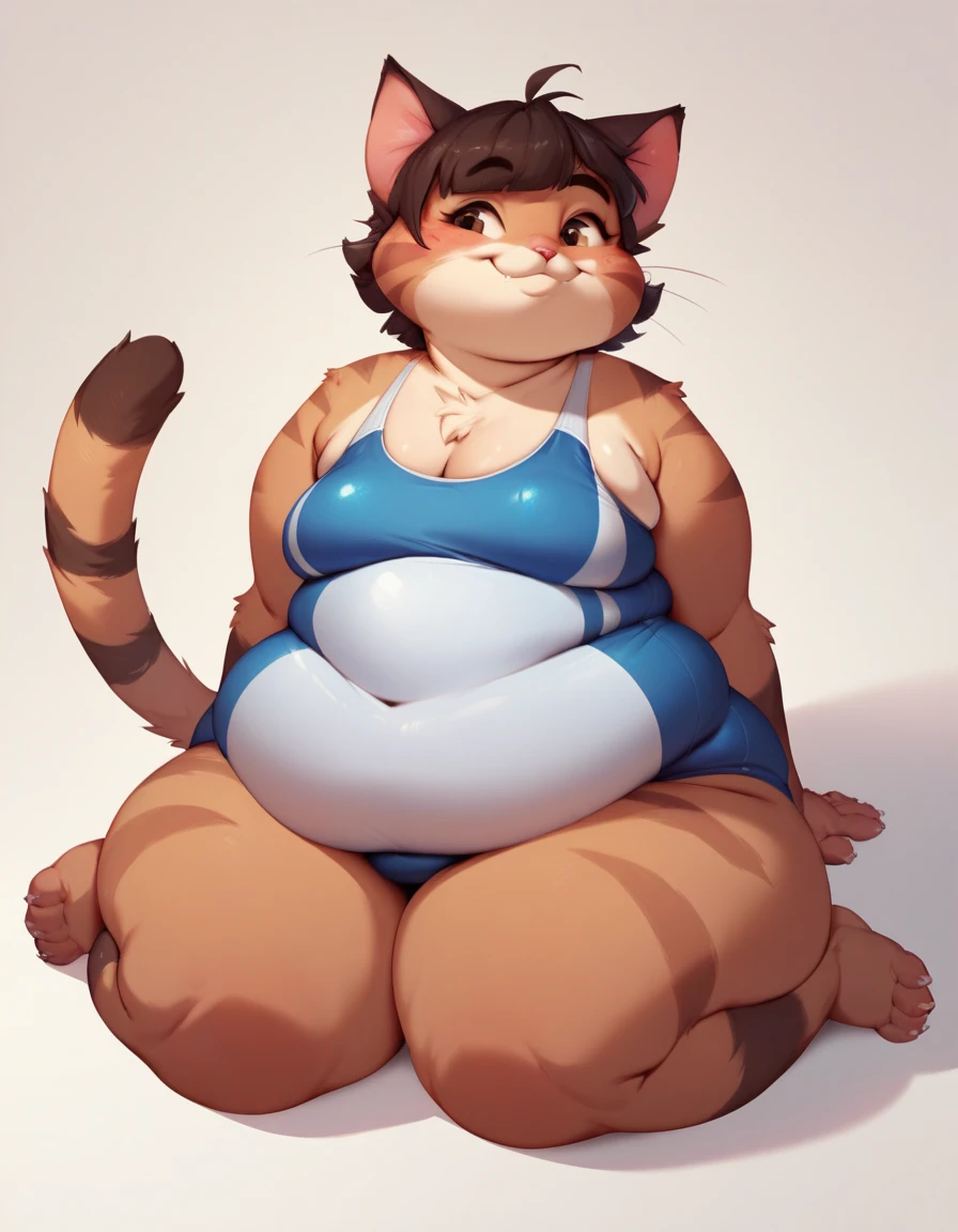 Female cat with a very big butt and very big breasts wearing a pair of jeans and sandals.
(with big hips, slim waist and a slim abdomen)