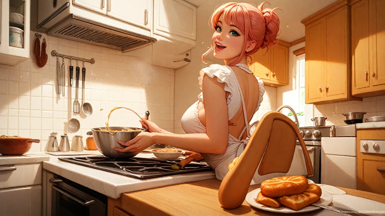 ((1 girls), solo, clevage, Big round breasts, trendy, stylish, clevage, thighs, hips, realistic, pink hair, blonde hair, light green eyes, lip gloss, detailed face, amazing big eyes, eye details, big lips, eyebrow details, blush, smirk, naughty, mischevious face, HD, good quality, thick thighs, attractive, kitchen, breakfast