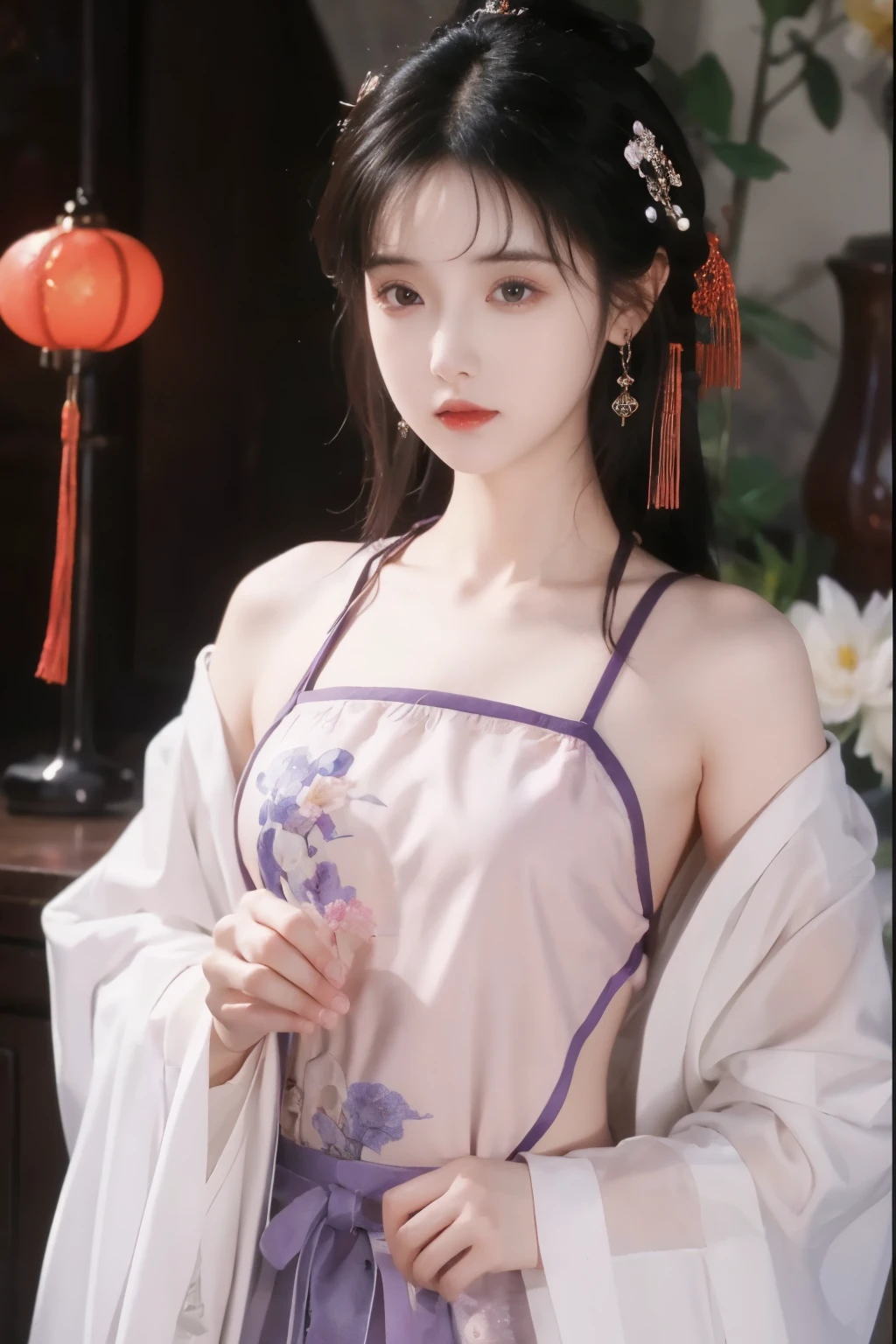 ( masterpiece, Top Quality, best quality, official art, beautiful and aesthetic:1.2), (1 Girl:1.3), flat chest,  extremely detailed,(Fractal Art:1.1),(Flowers:1.3),Highest Detail,(dynamic pose), (background:1.3), (Traditional Chinese purple and white clothing:1.2), (shiny skin) ,(earrings:1.1),