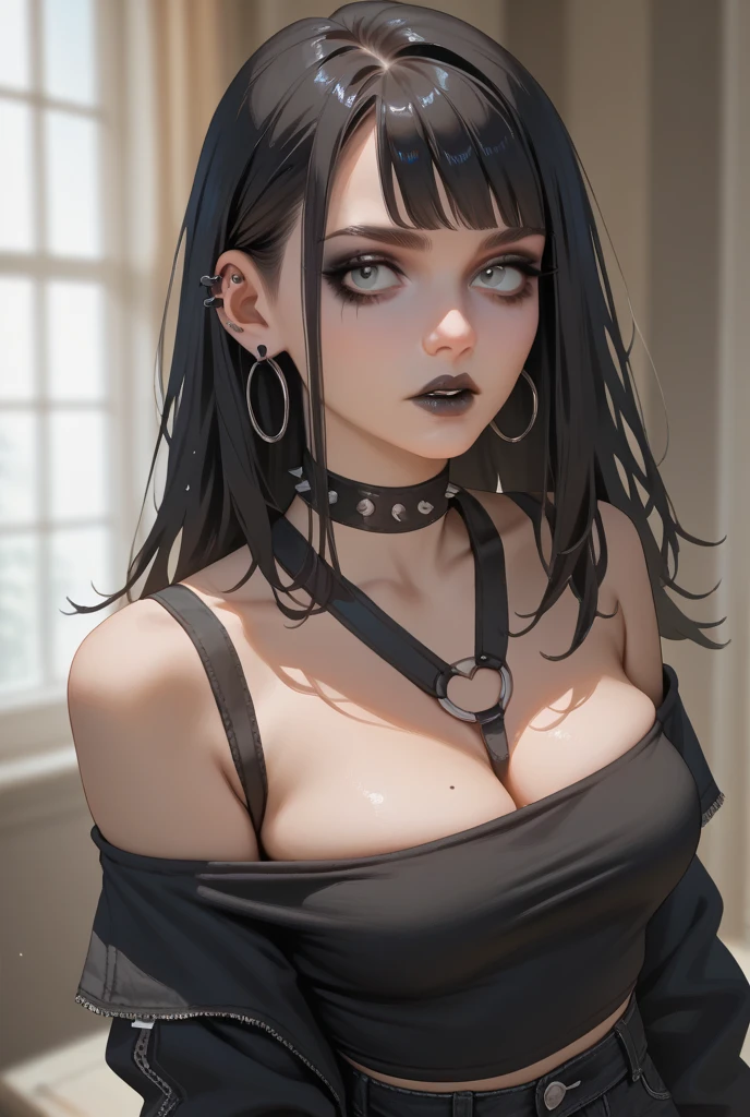 8k, masterpiece, highest quality, best quality, official art, beautiful and aesthetic, extremely detailed, (fractal art: 1.3), colorful, highest detailed, perfect face, upper body, HDR, sexy, wide hips, thicc figure, Detailed face, Detailed eyes, brown eyes, perfect face, perfect eyes, ( 1femboy, 1 female 1girl, trans, futa, futanari, big ass, slim waist, pretty face, long brown hair, sharp jawline, she is sexy, she is beautiful, she has black eyeliner, she has makeup, she has a girly face, she is tanned, she has big , she is blushing, she wears blush, hips wider than shoulders, slim torso, black lipstic, e-girl makeup, blushing, pretty, sharp jawline, browm eyes, cute, thigh high socks, goth clothes, black skirt, black crop top, black lipstick, black eyeliner, cute smile, Goth, goth makeup, goth clothes, brown hair, wolf cut, bulge, bulge in underwear, genitalia outline, penis bulge, bug julge in pants