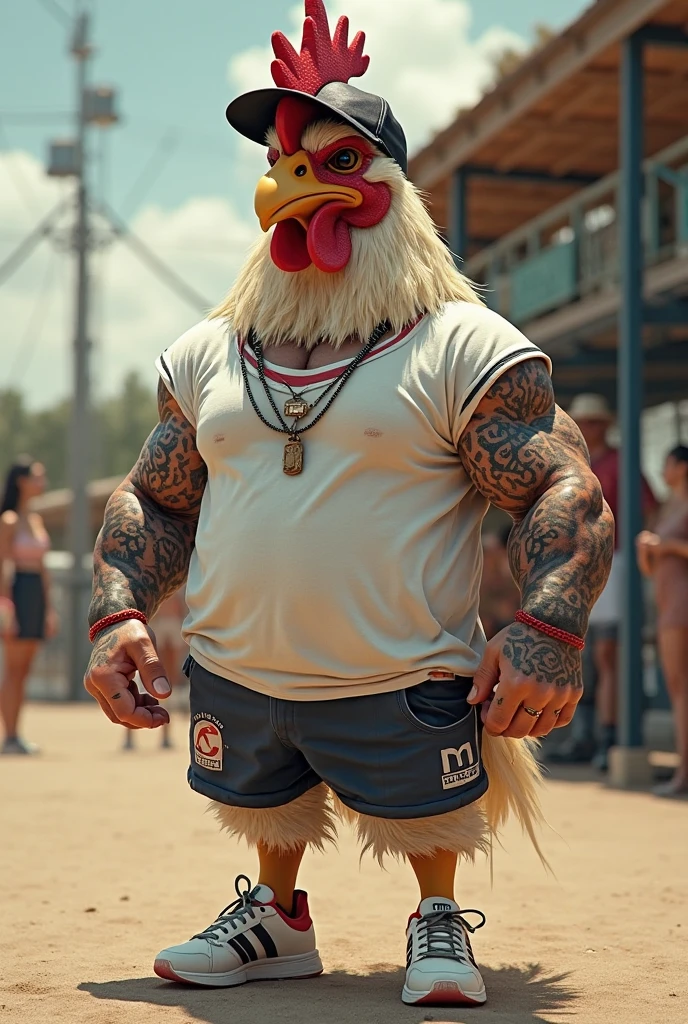 rooster bird in the spotlight, muscular, puffy chest, open black vest, black tattoo, in a soccer stadium, a cervo bambi with red spots, running in front, cheering in the background, black smoke in the air