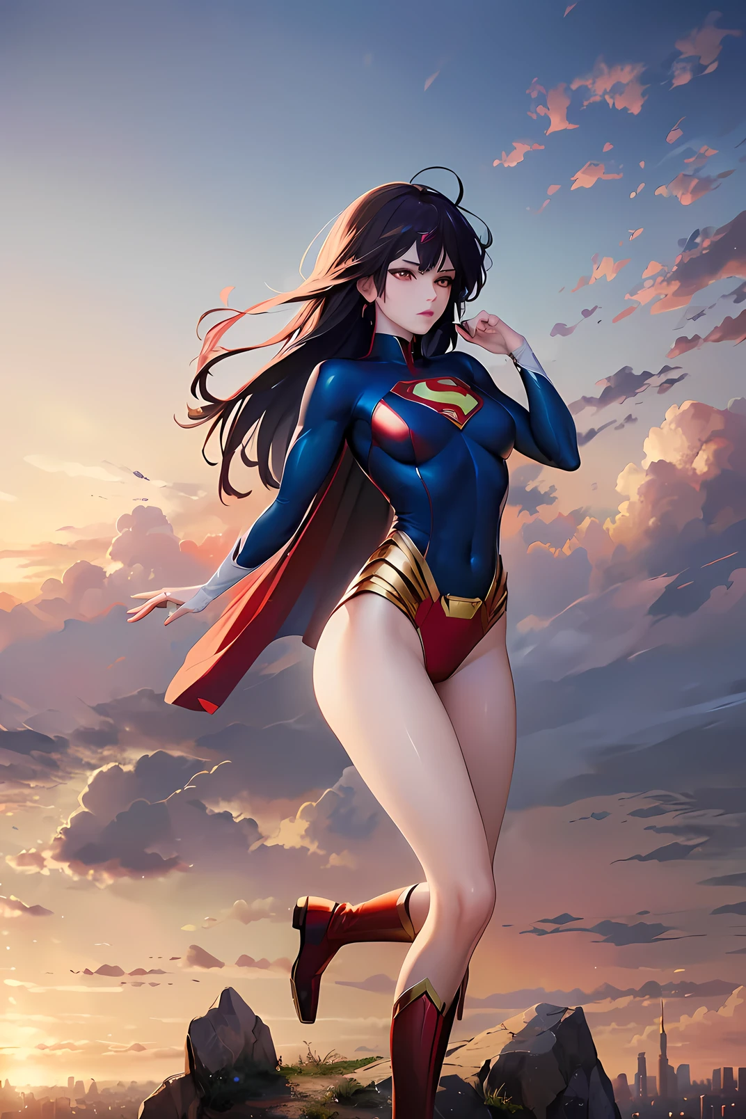 (((Best quality, 8k, Masterpiece: 1.3)), ((best quality)), ((masterpiece)), (detailed), perfect face, concept(superman), long hair, flying, sky, Megalopolis, Decided pose, mature lady, sexy, anime