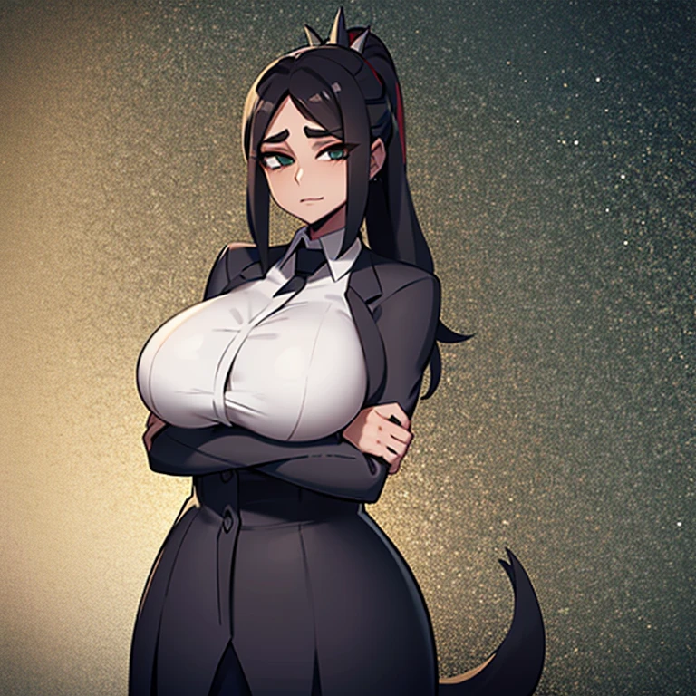 1girl, adult,short,tuxedo top and pants with little black bow tie,curvaceous figure,slightly chubby at the waist,big breasts,bubble butt,lightly tanned skin,long fluffy black hair with white accents,yellow eyes with slit pupils,cat ears and fluffy tail,best quality, ultra high res,looking at viewer,full body,facing front