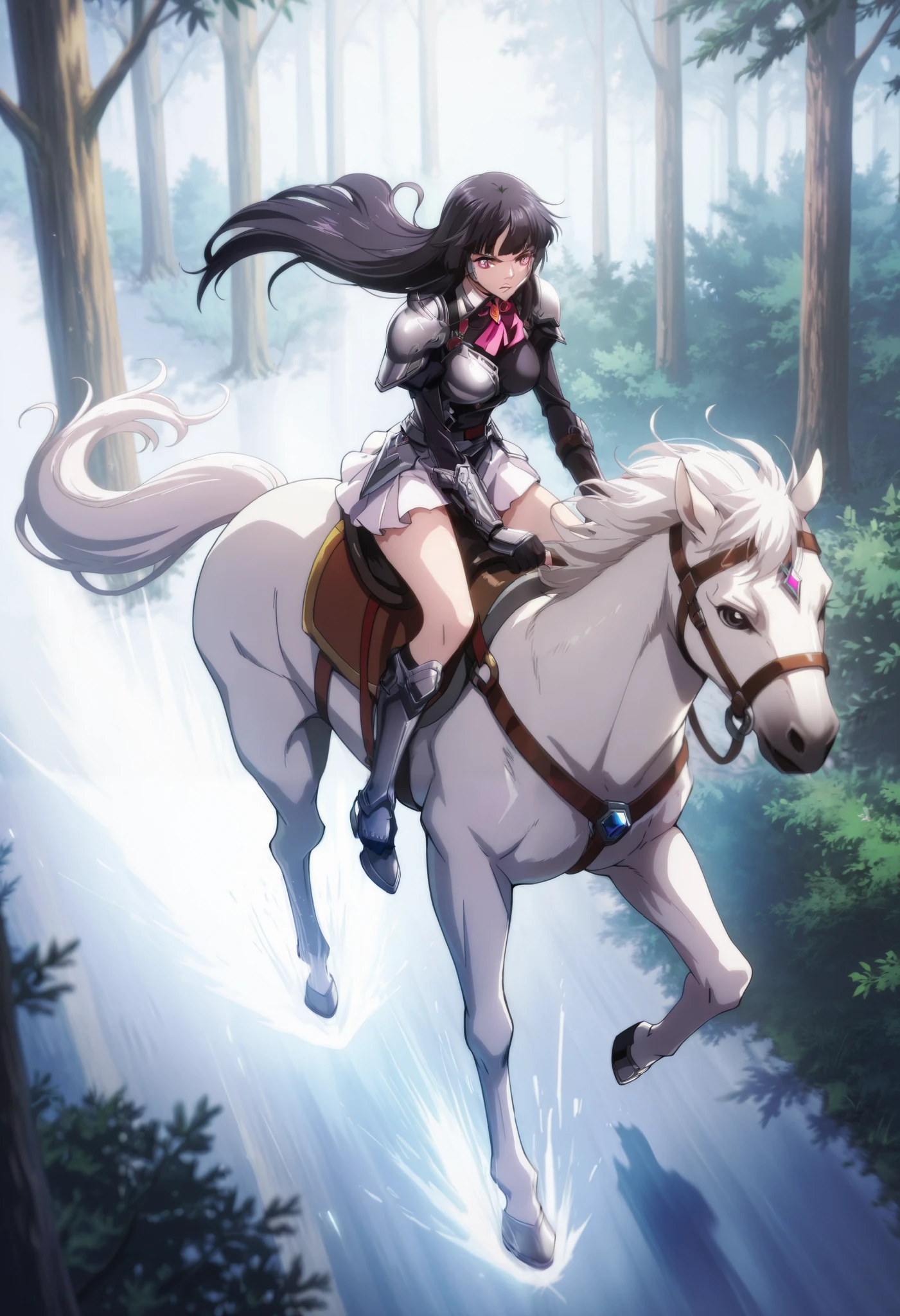 Highest image quality, intricate details, high resolution, depth field, Natural light, professional lighting, motion blur background, BREAK, kisyu, riding, horse, both hand holding rein, from above, (a female knight riding a horse intense horseback riding chase in the forest, (((kjosakuya, pink eyes, hime cut, long hair, {black hair}, medium breast, head turn around, grit teeth]), (silver armor, silver shoulder pads, white miniskirt, gauntlet, gloves, bare legs, silver greaves)), ([white horse:1.2, white mane, black eyes, white tail, saddle, reins, bridle, stirrups, running), BREAK (forest), BREAK solo, (from front:1.2), FULL BODY, anatomically correct 