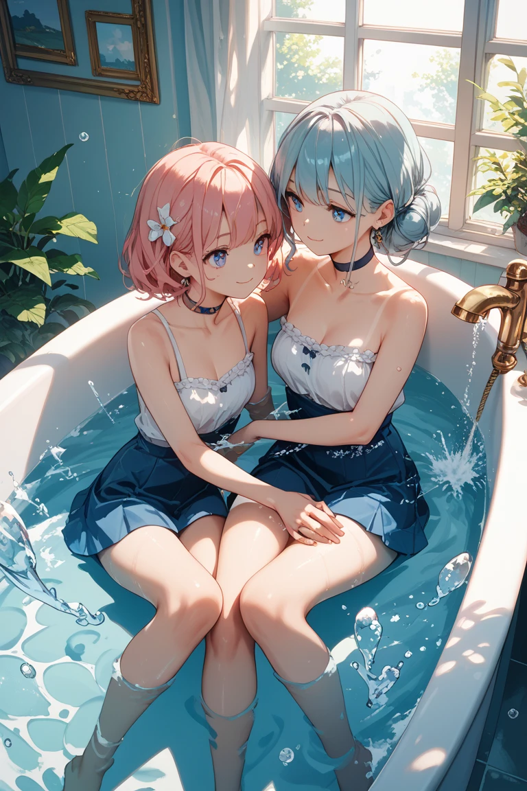 Pastel goth aesthetic, two women, pool, swimming