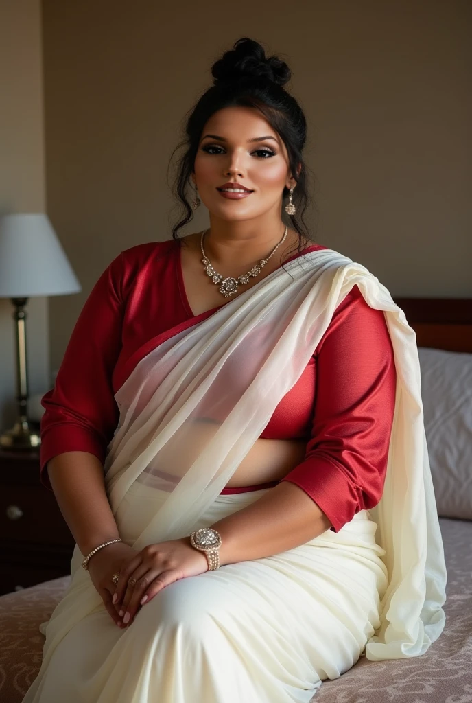 Day scene, full body photo of a plus sized indian woman wearing cream colour nighty, smiling face, face, top view, (Masterpiece, Best Quality, High Resolution), bedroom Background, (cum Splash on her face , cum Splash on her face and breasts, Splash of cum on face, cum Splash on her blouse, cum Splash on her eys), hour glass body red lips, lightly makeup,ultra realistic, realistic, look at viewer (cinematic:1.3), intricate details,
