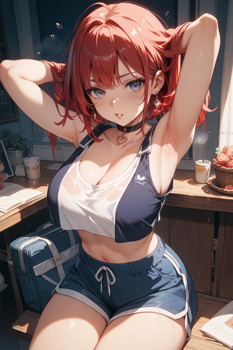 Cute girl, red hair, curly ponytail, black collar, hair tie, red short-sleeved T-shirt, exposed stomach, short blue skirt, big breasts, blue eyes