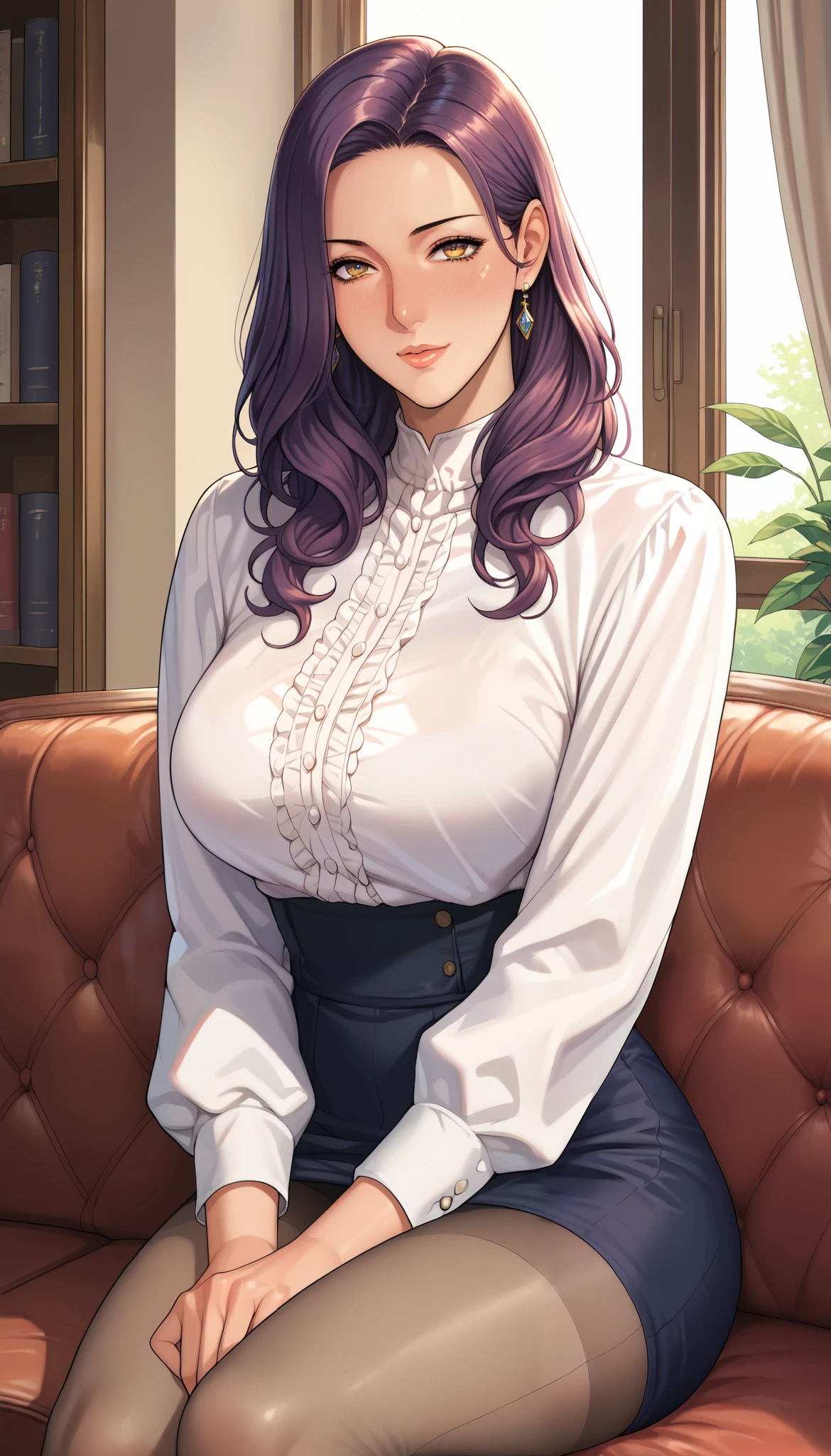 Girl seen from the side , Vol sidewaystuous women, Older, Big Breasts, mature woman, of motherhood, wide waist , score_9, score_8_ sideways, score_7_ sideways, score_6_ sideways, source_anime, beautiful face, expressive eyes, detailed eyes panty pants on pantyhose , alone, close- sideways, sitting , Sofa, indoor, Scenery, dramatic lighting, anime screencap, Enchanting Smiles