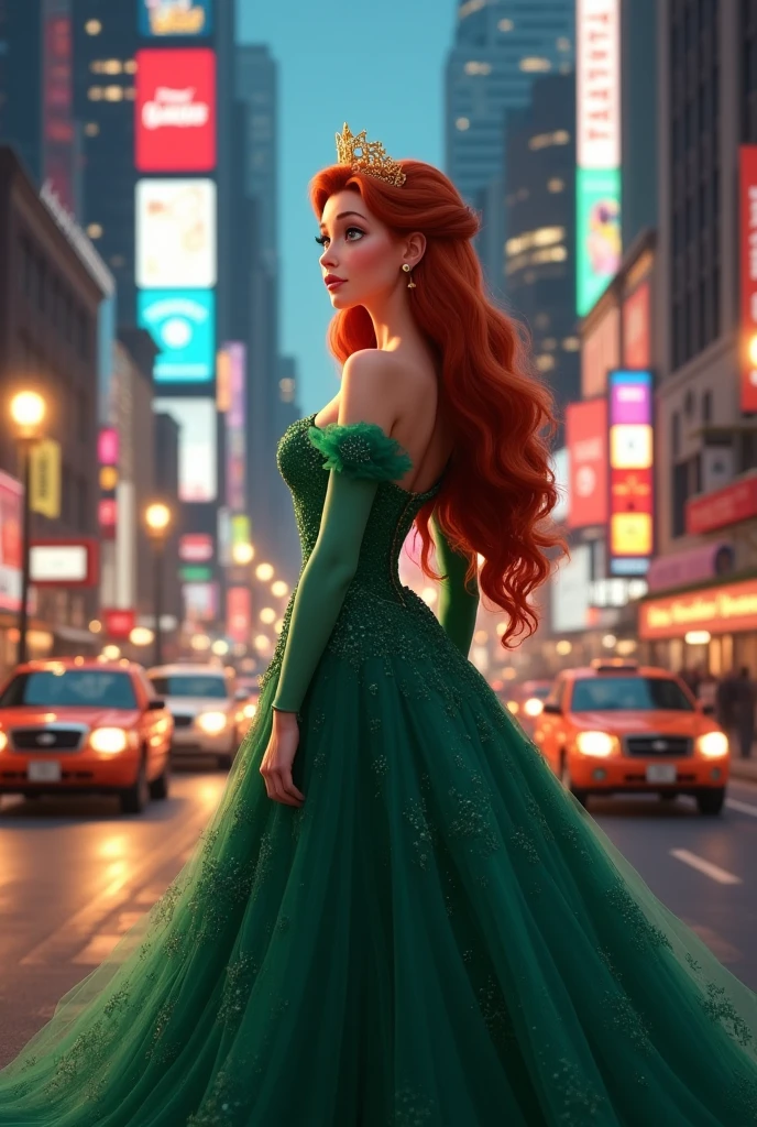 Une sublime femme géante rousse marchant délicatement dans la ville ,(une sublime femme géante plus grande que les immeubles), cheveux longs très détaillés, corps entier, hyper réaliste, super détaillées, macrogts, regard intense, poitrine sublime effet push-up, robe longue de soirée, pose dynamique, très détaillé, hyperréaliste , femme géante plus grande que les immeubles , femme géante, rousse, la nuit ville de lumière